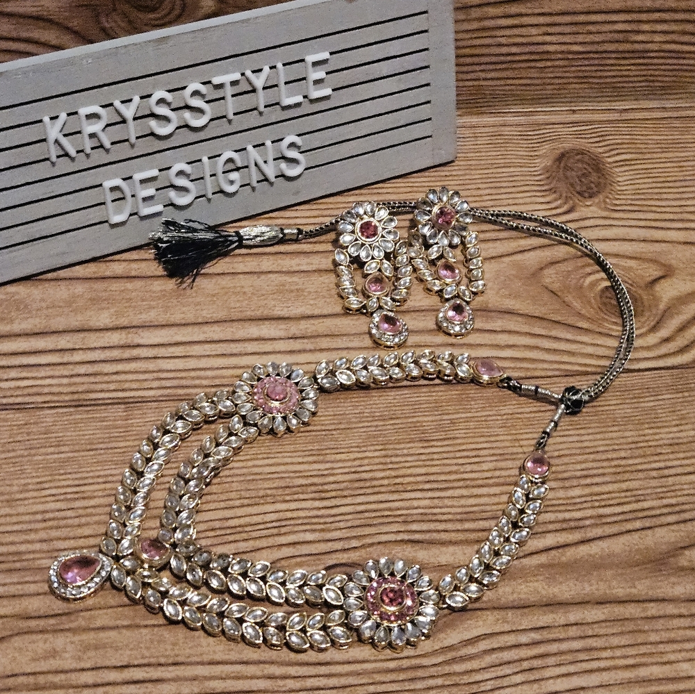 Pink & Gold Indian Bollywood Fashion Jewlery Necklace Earring Set - Picture 1 of 5